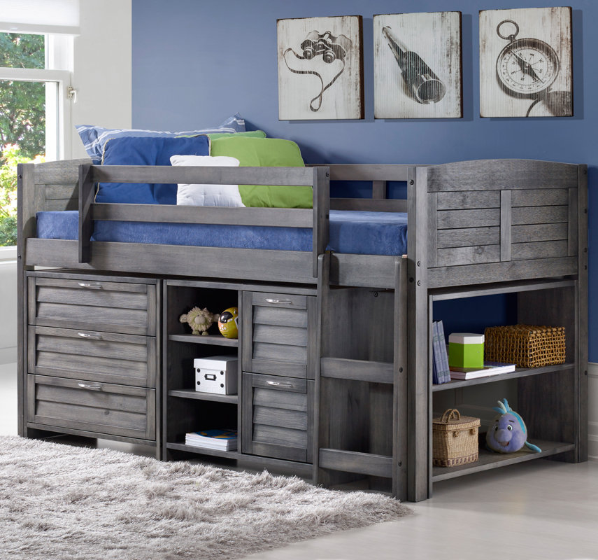 Evan Twin Low Loft Slat Bed with Bookcase, Chest and Shelves and Drawer